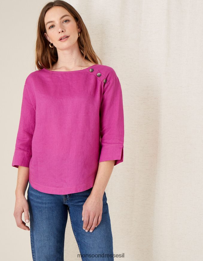 הַלבָּשָׁה Monsoon חולצת טריקו ארוכת רוזווד בפשתן טהור ורוד (מגנטה) נשים HTJ0TZ1108