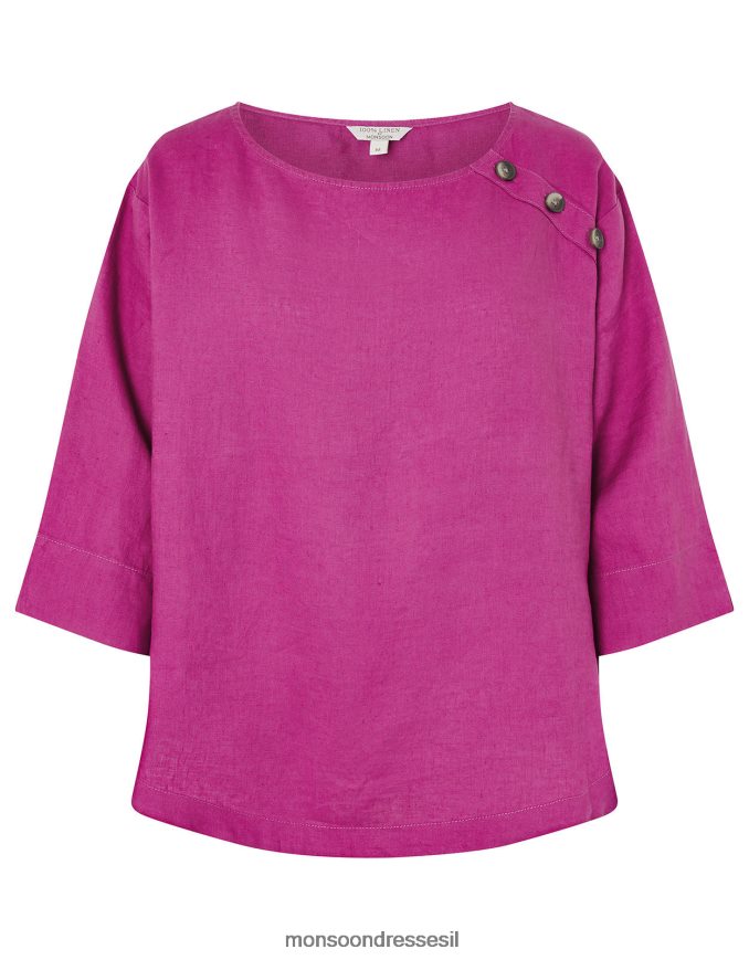 הַלבָּשָׁה Monsoon חולצת טריקו ארוכת רוזווד בפשתן טהור ורוד (מגנטה) נשים HTJ0TZ1108