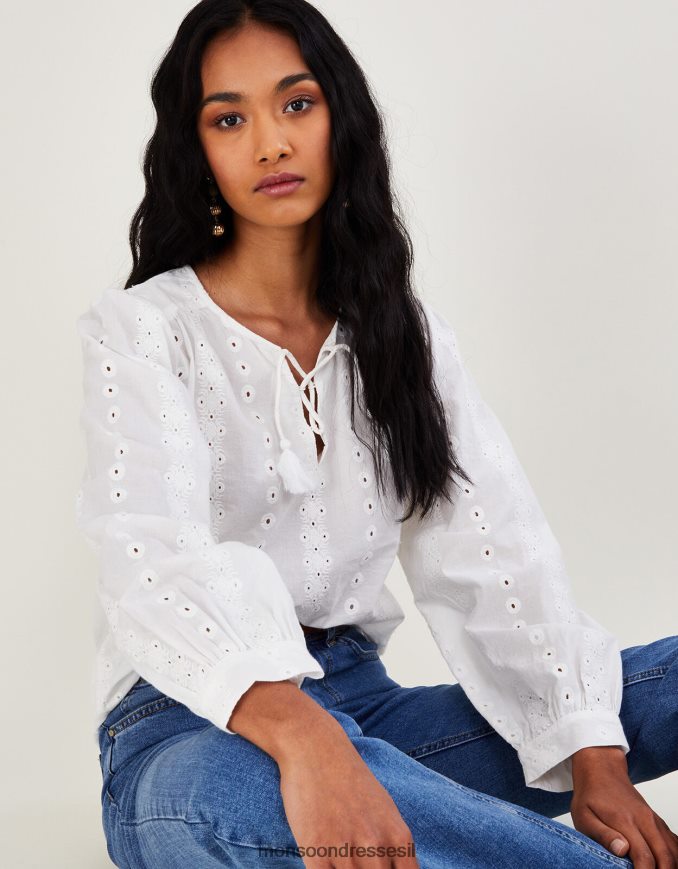 הַלבָּשָׁה Monsoon טופ רקום עם שרוול ארוך לבן נשים HTJ0TZ1112