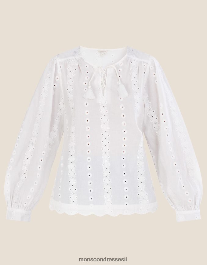 הַלבָּשָׁה Monsoon טופ רקום עם שרוול ארוך לבן נשים HTJ0TZ1112