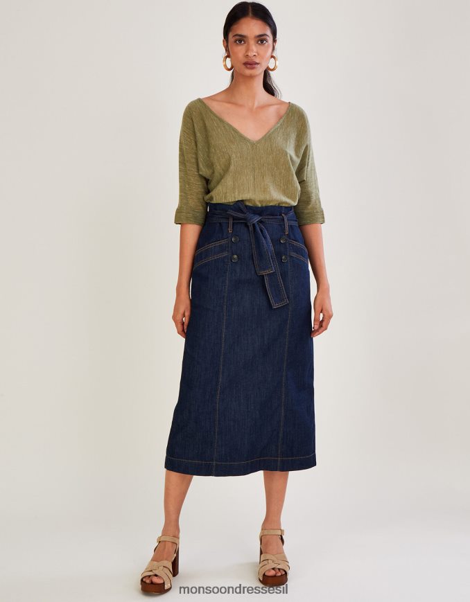 הַלבָּשָׁה Monsoon חצאית קדמית עם חגורת ג'ינס עם כפתור כחול (אינדיגו) נשים HTJ0TZ1122