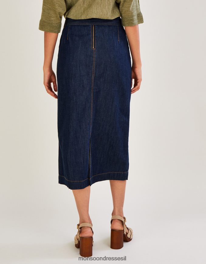 הַלבָּשָׁה Monsoon חצאית קדמית עם חגורת ג'ינס עם כפתור כחול (אינדיגו) נשים HTJ0TZ1122