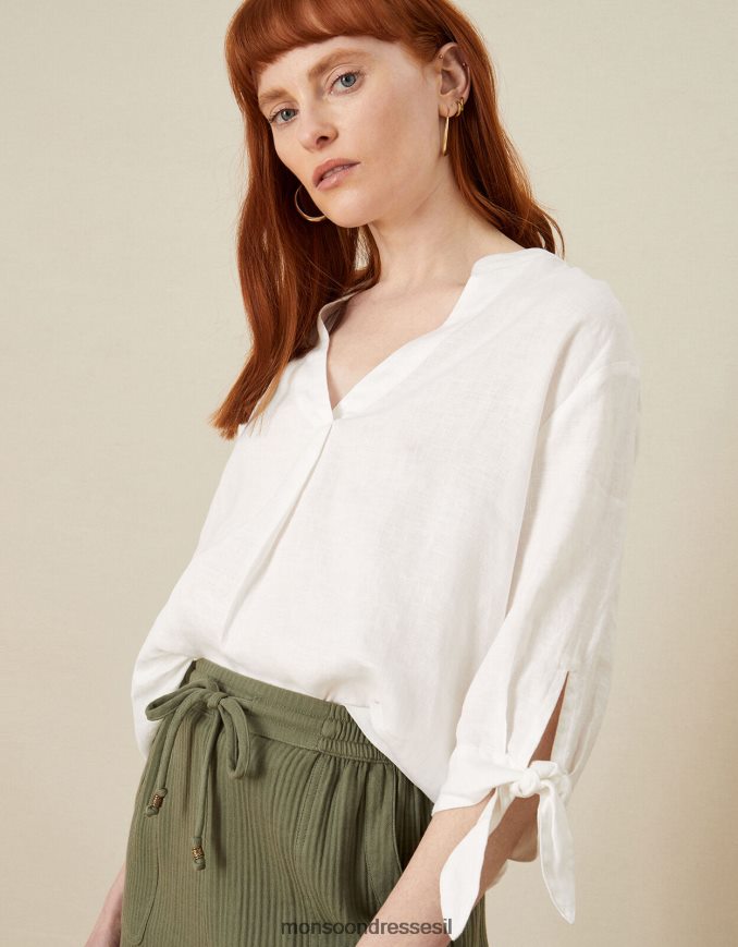 הַלבָּשָׁה Monsoon חולצת פשתן עם שרוול לבן נשים HTJ0TZ1133