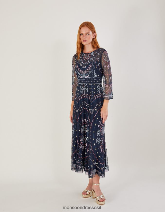 הַלבָּשָׁה Monsoon שמלת מידי מעוטרת ג'נין בפוליאסטר ממוחזר כחול (צי) נשים HTJ0TZ1139