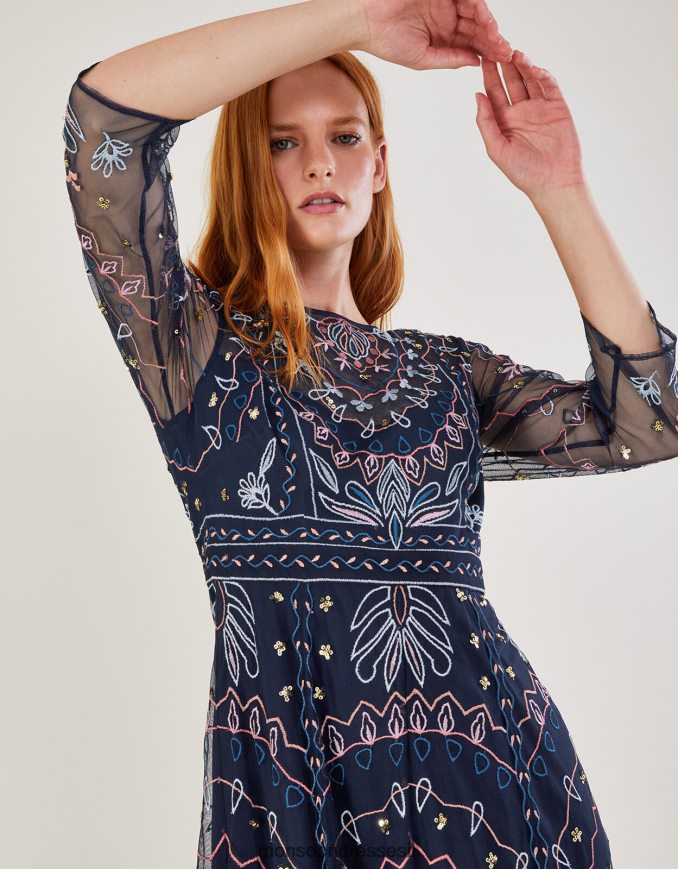 הַלבָּשָׁה Monsoon שמלת מידי מעוטרת ג'נין בפוליאסטר ממוחזר כחול (צי) נשים HTJ0TZ1139