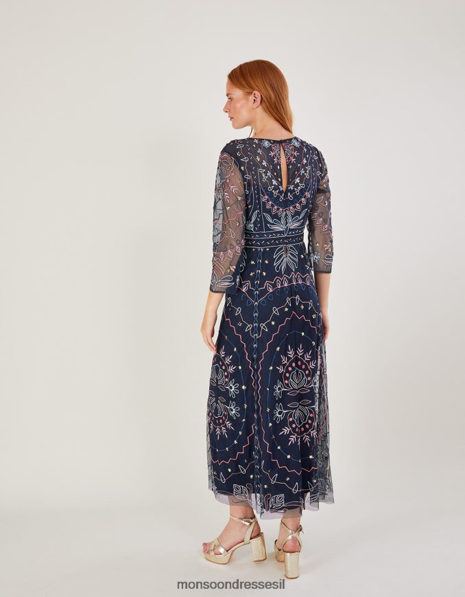 הַלבָּשָׁה Monsoon שמלת מידי מעוטרת ג'נין בפוליאסטר ממוחזר כחול (צי) נשים HTJ0TZ1139