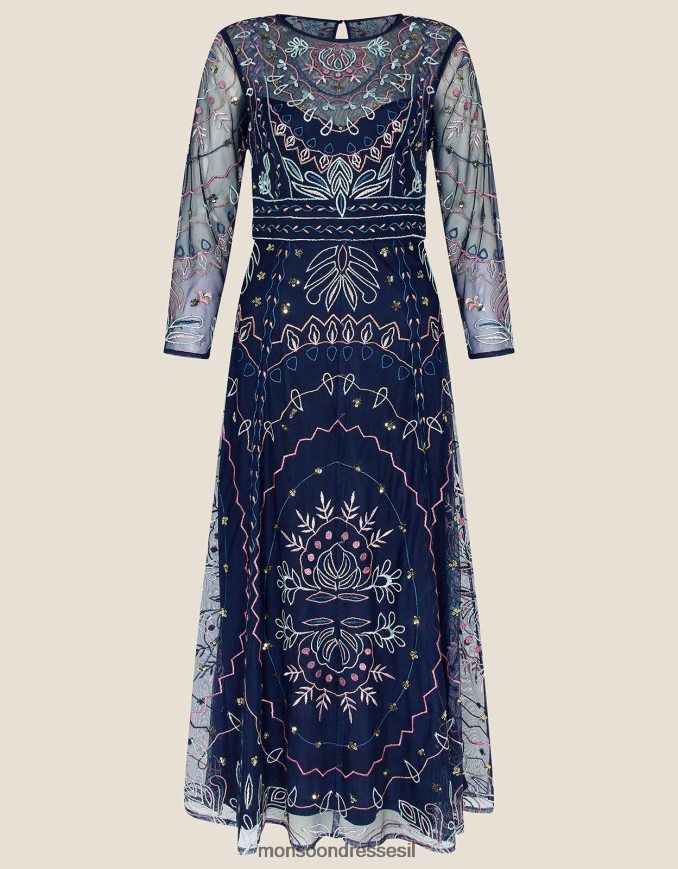 הַלבָּשָׁה Monsoon שמלת מידי מעוטרת ג'נין בפוליאסטר ממוחזר כחול (צי) נשים HTJ0TZ1139