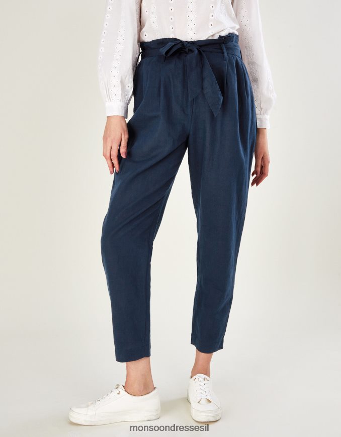 הַלבָּשָׁה Monsoon מכנסיים מותניים שקית נייר פשתן כחול (צי) נשים HTJ0TZ1140