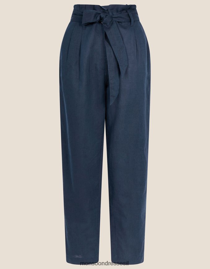 הַלבָּשָׁה Monsoon מכנסיים מותניים שקית נייר פשתן כחול (צי) נשים HTJ0TZ1140