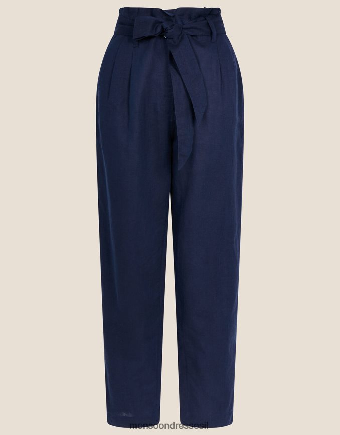 הַלבָּשָׁה Monsoon מכנסיים מותניים שקית נייר פשתן כחול (צי) נשים HTJ0TZ1140