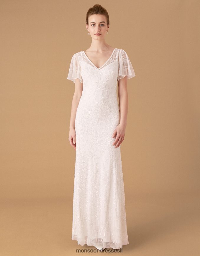 הַלבָּשָׁה Monsoon שמלת כלה עם שרוולים מתנפנפים מעוטרת בקיטי שֶׁנהָב נשים HTJ0TZ1160