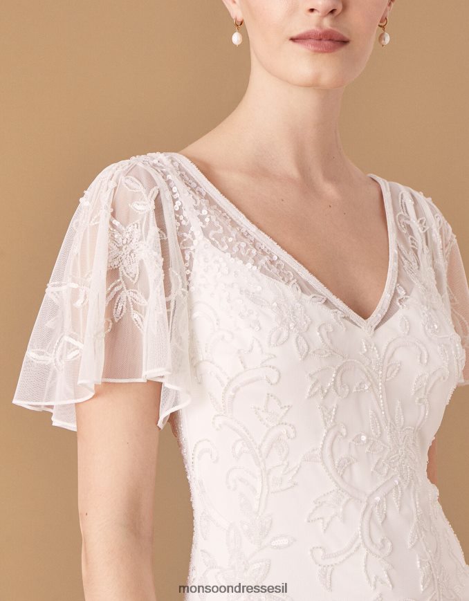 הַלבָּשָׁה Monsoon שמלת כלה עם שרוולים מתנפנפים מעוטרת בקיטי שֶׁנהָב נשים HTJ0TZ1160