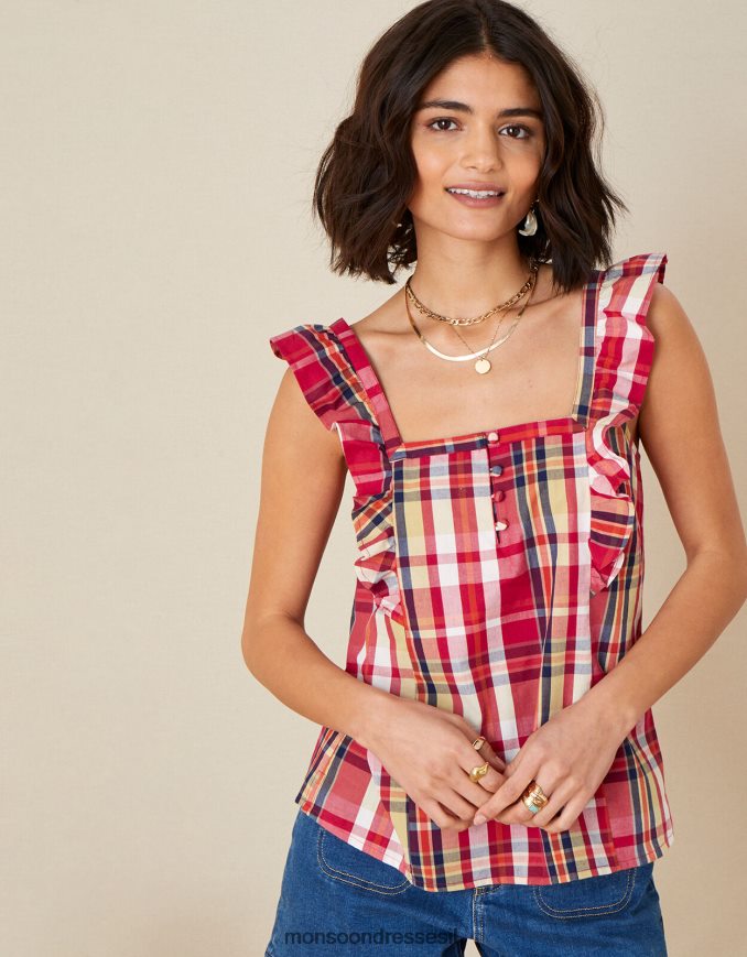 הַלבָּשָׁה Monsoon טופ נילה צ'ק קמי מכותנה אורגנית אָדוֹם נשים HTJ0TZ1177