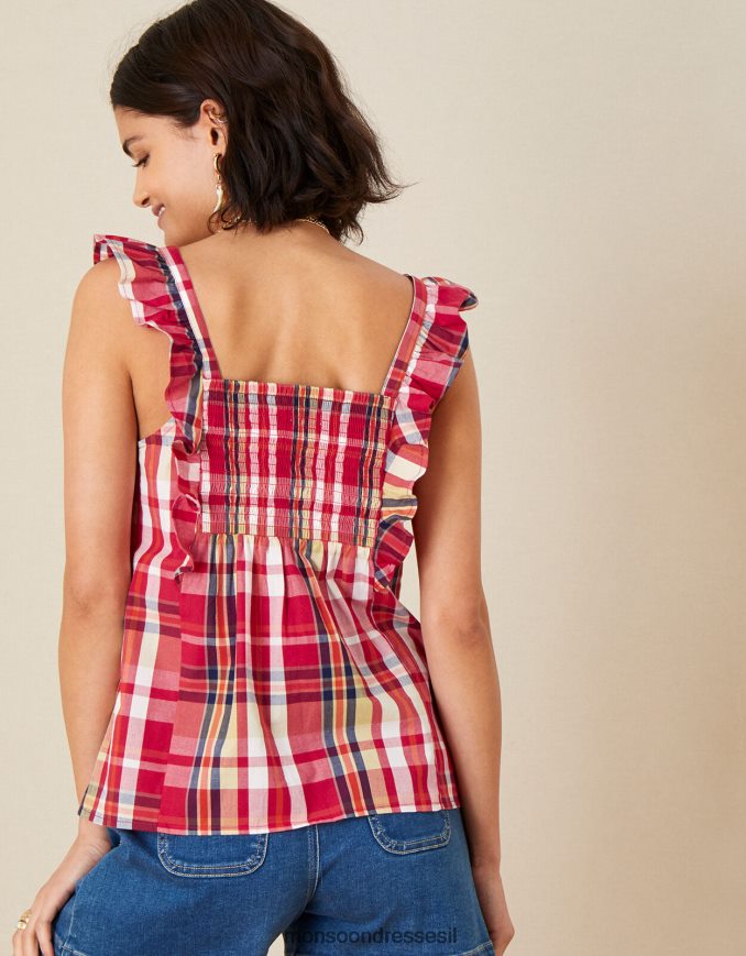 הַלבָּשָׁה Monsoon טופ נילה צ'ק קמי מכותנה אורגנית אָדוֹם נשים HTJ0TZ1177