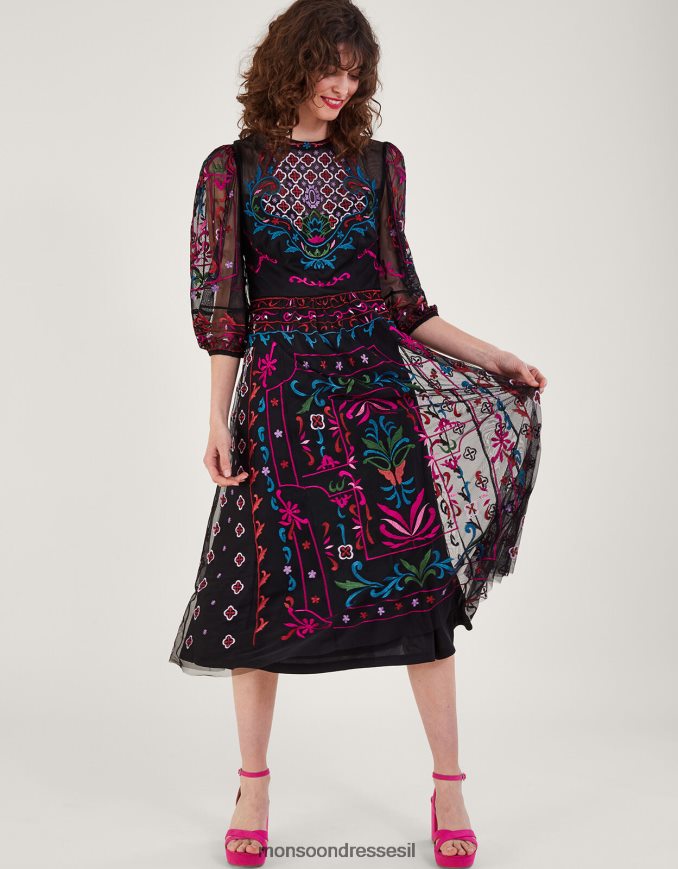 הַלבָּשָׁה Monsoon שמלת תה רקומה של מאדי שָׁחוֹר נשים HTJ0TZ12