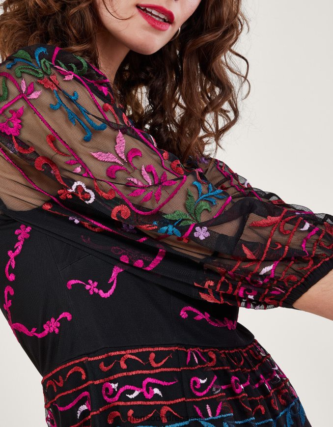 הַלבָּשָׁה Monsoon שמלת תה רקומה של מאדי שָׁחוֹר נשים HTJ0TZ12