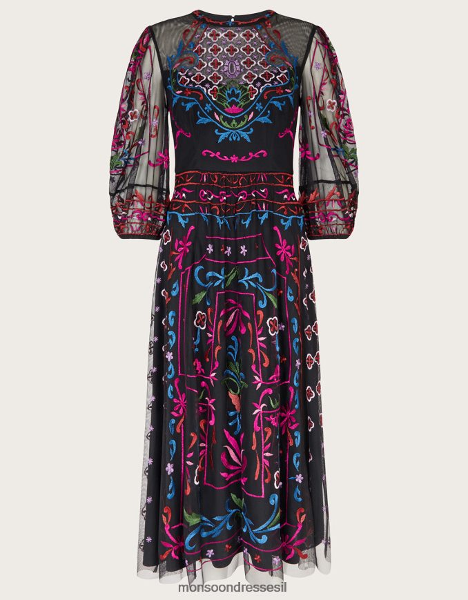 הַלבָּשָׁה Monsoon שמלת תה רקומה של מאדי שָׁחוֹר נשים HTJ0TZ12