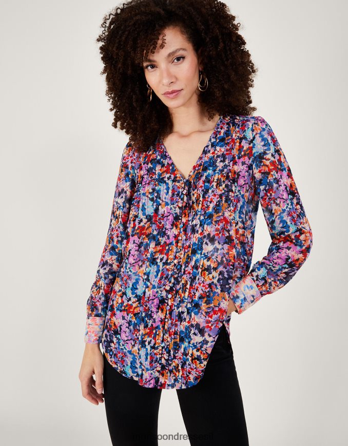 הַלבָּשָׁה Monsoon חולצת קפלים בהדפס פאלמר בוויסקוזה בת קיימא שֶׁנהָב נשים HTJ0TZ137