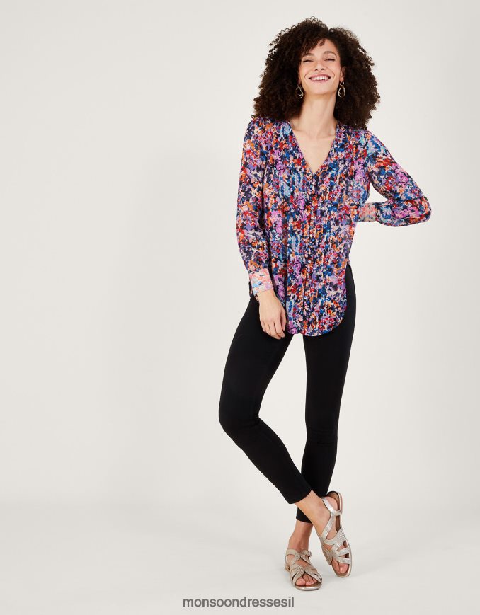 הַלבָּשָׁה Monsoon חולצת קפלים בהדפס פאלמר בוויסקוזה בת קיימא שֶׁנהָב נשים HTJ0TZ137