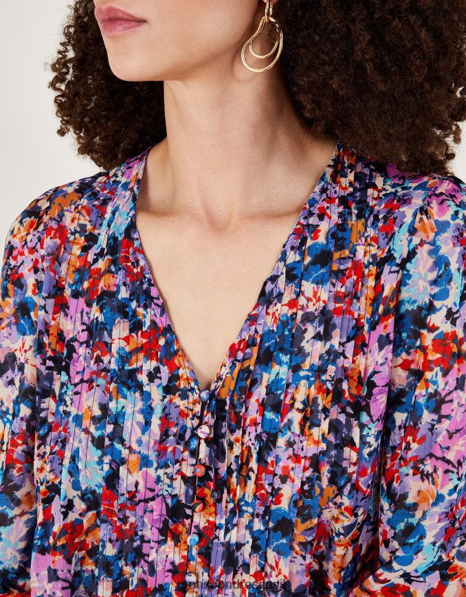 הַלבָּשָׁה Monsoon חולצת קפלים בהדפס פאלמר בוויסקוזה בת קיימא שֶׁנהָב נשים HTJ0TZ137