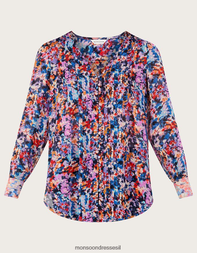 הַלבָּשָׁה Monsoon חולצת קפלים בהדפס פאלמר בוויסקוזה בת קיימא שֶׁנהָב נשים HTJ0TZ137