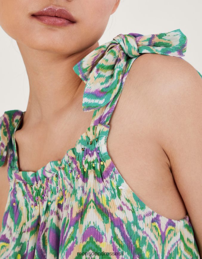 הַלבָּשָׁה Monsoon רצועת קשירה בהדפס גיאומטרי לבן נשים HTJ0TZ145