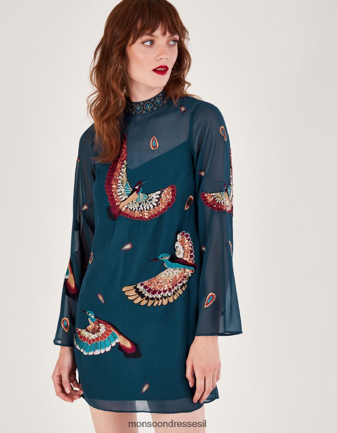 הַלבָּשָׁה Monsoon שמלת טוניקה מעוטרת ביילי ירוק כחלחל נשים HTJ0TZ15