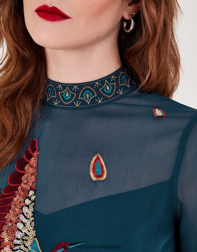 הַלבָּשָׁה Monsoon שמלת טוניקה מעוטרת ביילי ירוק כחלחל נשים HTJ0TZ15