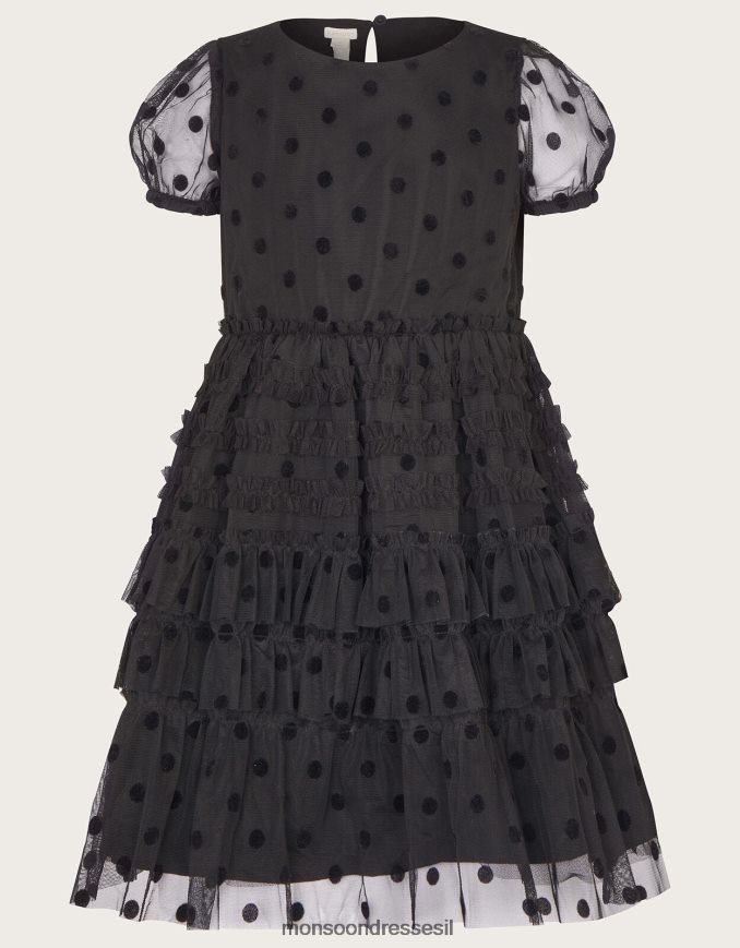 הַלבָּשָׁה Monsoon שמלת רשת נקודתית להקה שָׁחוֹר ילדה HTJ0TZ1637