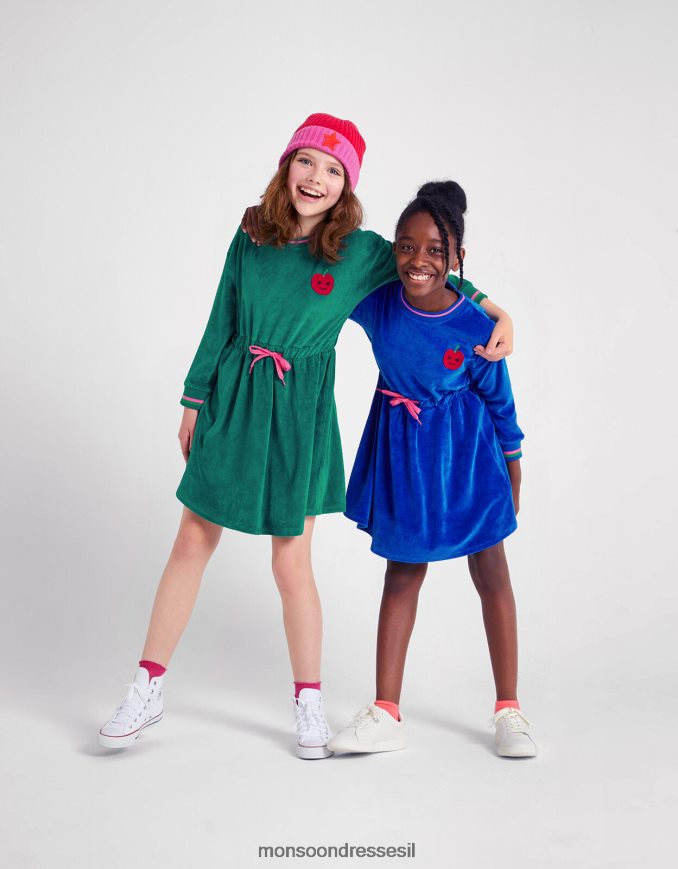 הַלבָּשָׁה Monsoon שמלת קטיפה עם קשירת מותן ירוק ילדה HTJ0TZ1646