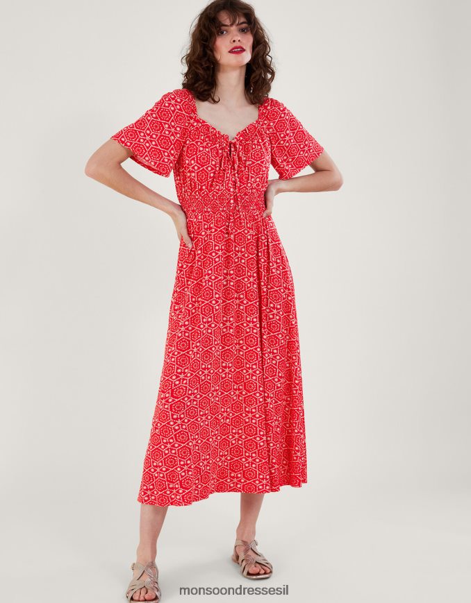 הַלבָּשָׁה Monsoon שמלה עם הדפס גיאומטרי אלגנטי אָדוֹם נשים HTJ0TZ165
