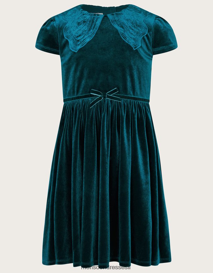 הַלבָּשָׁה Monsoon שמלת צווארון פרפר קטיפה ירוק ילדה HTJ0TZ1653