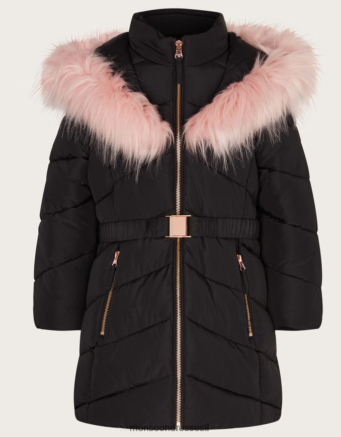 הַלבָּשָׁה Monsoon מעיל פרווה מלאכותית חגורה שָׁחוֹר ילדה HTJ0TZ1691