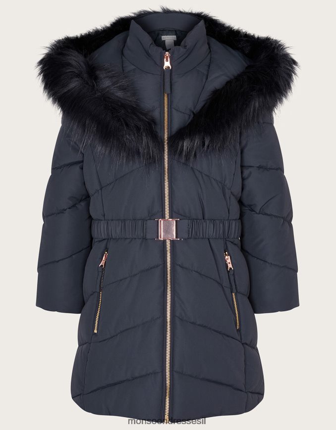 הַלבָּשָׁה Monsoon מעיל פרווה מלאכותית חגורה כחול (צי) ילדה HTJ0TZ1698