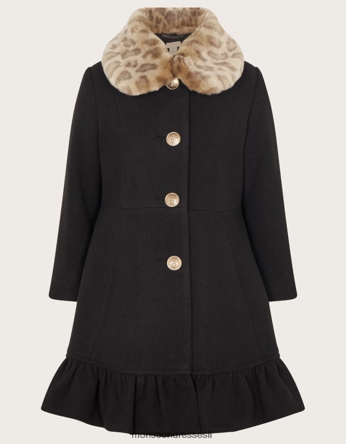 הַלבָּשָׁה Monsoon מעיל צווארון פרווה מלאכותית שָׁחוֹר ילדה HTJ0TZ1709