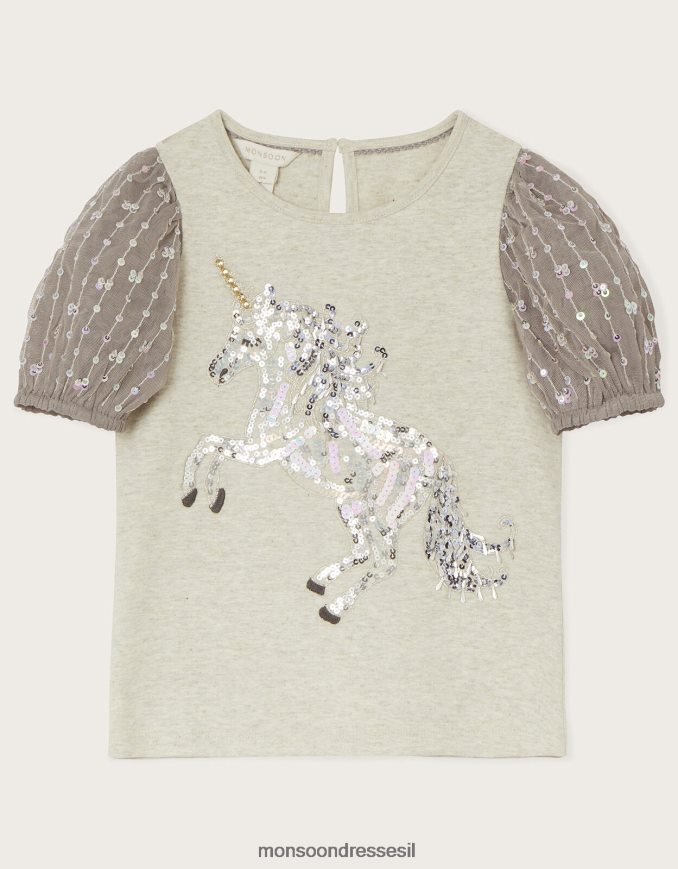 הַלבָּשָׁה Monsoon חלק עליון עם שרוולים נפוחים של חד קרן נצנצים אפור ילדה HTJ0TZ1726