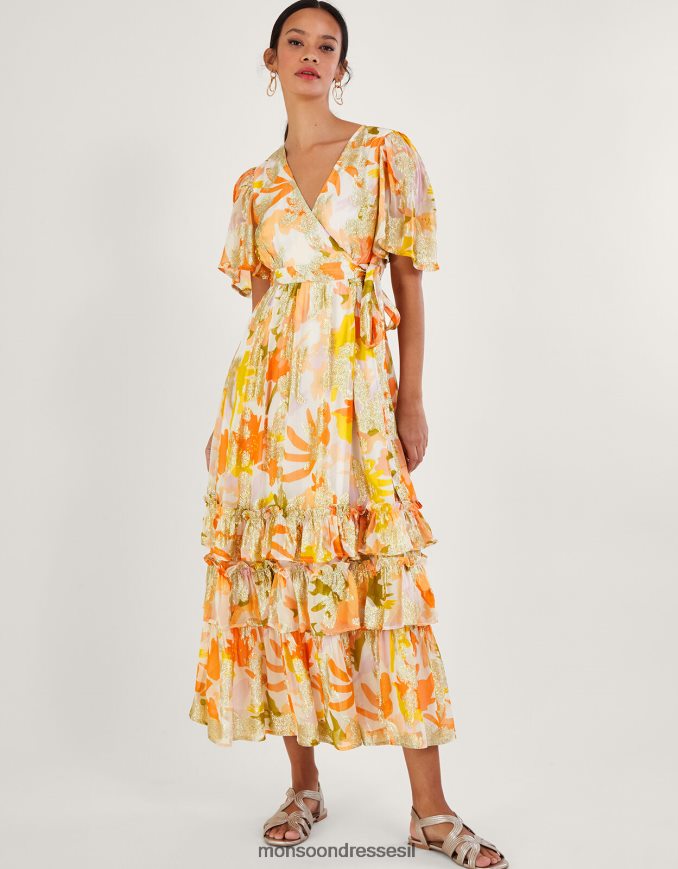 הַלבָּשָׁה Monsoon שמלת מעטפת בהדפס מתכתי ערבה עם ויסקוזה בר קיימא שֶׁנהָב נשים HTJ0TZ175