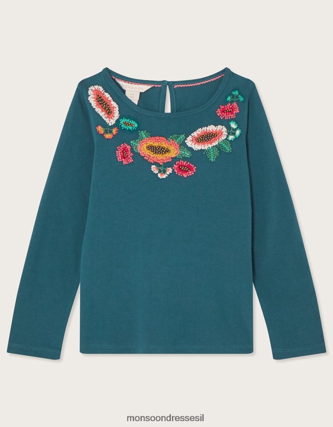 הַלבָּשָׁה Monsoon חולצת טריקו רקומה פרחונית עם שרוולים ארוכים ירוק כחלחל ילדה HTJ0TZ1754