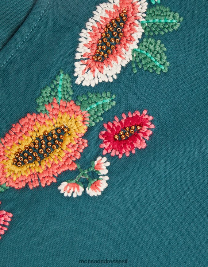 הַלבָּשָׁה Monsoon חולצת טריקו רקומה פרחונית עם שרוולים ארוכים ירוק כחלחל ילדה HTJ0TZ1754