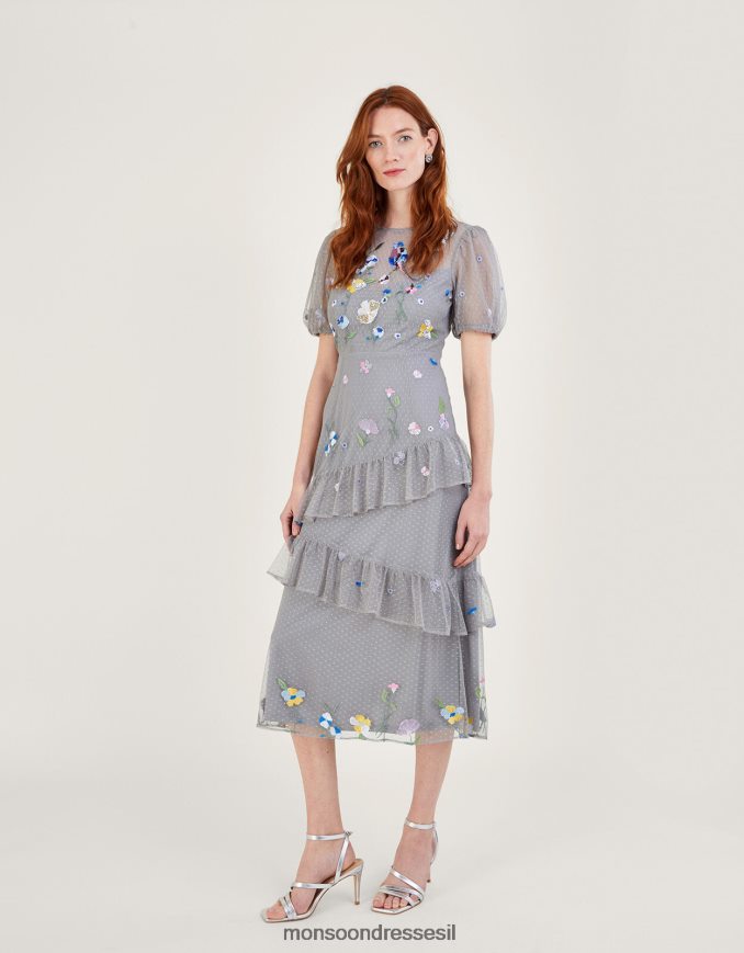 הַלבָּשָׁה Monsoon שמלת מידי רקומה של גוונדולין אפור נשים HTJ0TZ177