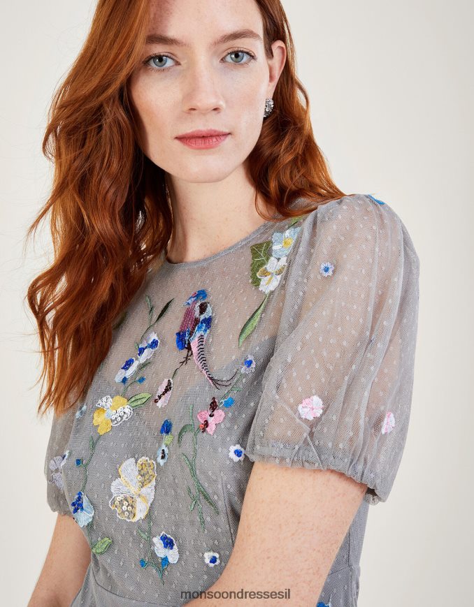 הַלבָּשָׁה Monsoon שמלת מידי רקומה של גוונדולין אפור נשים HTJ0TZ177