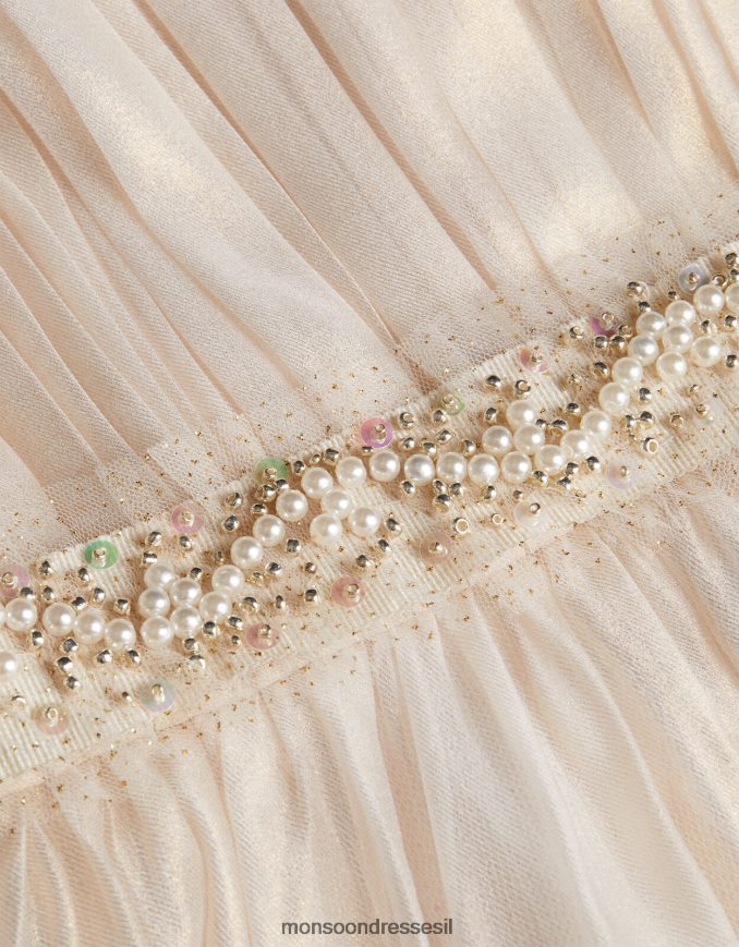 הַלבָּשָׁה Monsoon ארץ הפלא שימר שמלת חגורת אורגנזה עם חרוזים טבעי (שמפניה) ילדה HTJ0TZ1861