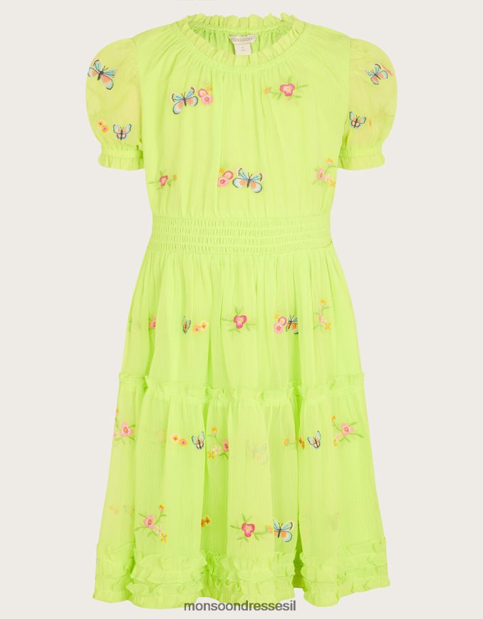 הַלבָּשָׁה Monsoon שמלת פרפר רקומה עם שרוולים נפוחים ירוק (ליים) ילדה HTJ0TZ1865