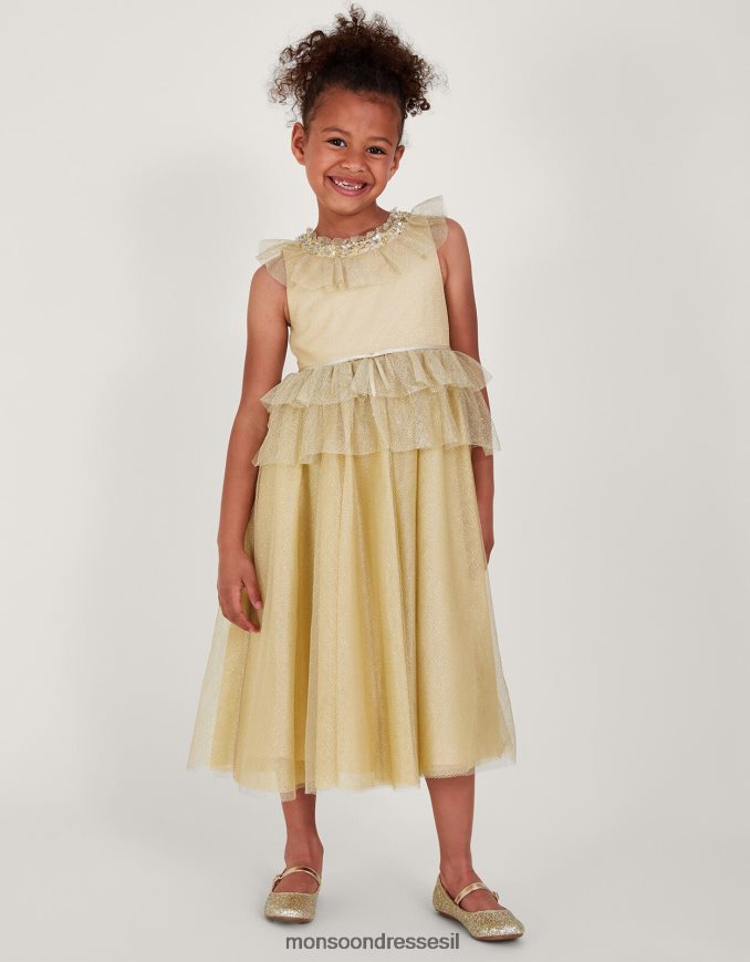 הַלבָּשָׁה Monsoon ארץ הפלא אלכסנדרה שמלת מקסי סלסול רשת זהב ילדה HTJ0TZ1950