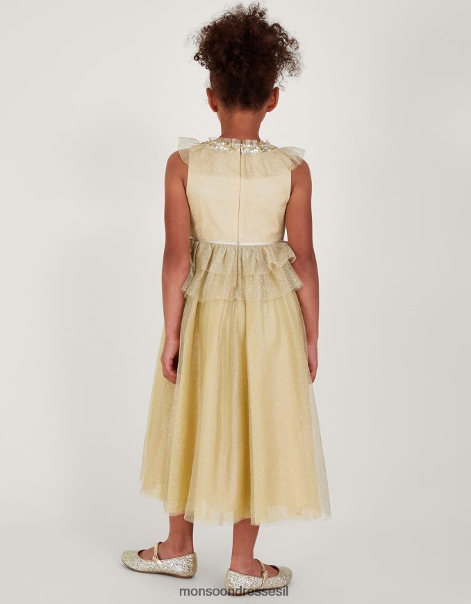 הַלבָּשָׁה Monsoon ארץ הפלא אלכסנדרה שמלת מקסי סלסול רשת זהב ילדה HTJ0TZ1950