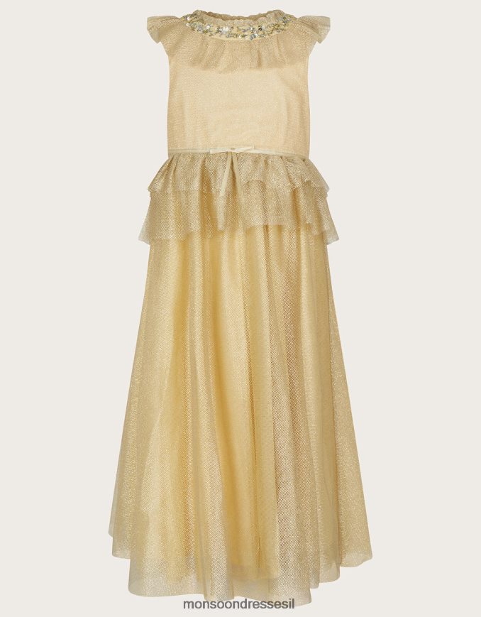 הַלבָּשָׁה Monsoon ארץ הפלא אלכסנדרה שמלת מקסי סלסול רשת זהב ילדה HTJ0TZ1950