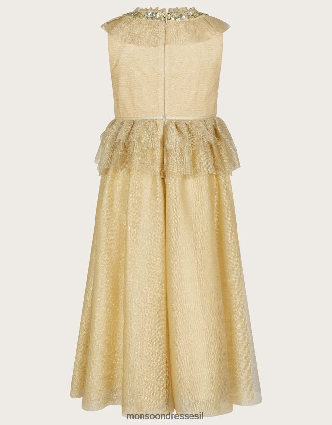 הַלבָּשָׁה Monsoon ארץ הפלא אלכסנדרה שמלת מקסי סלסול רשת זהב ילדה HTJ0TZ1950