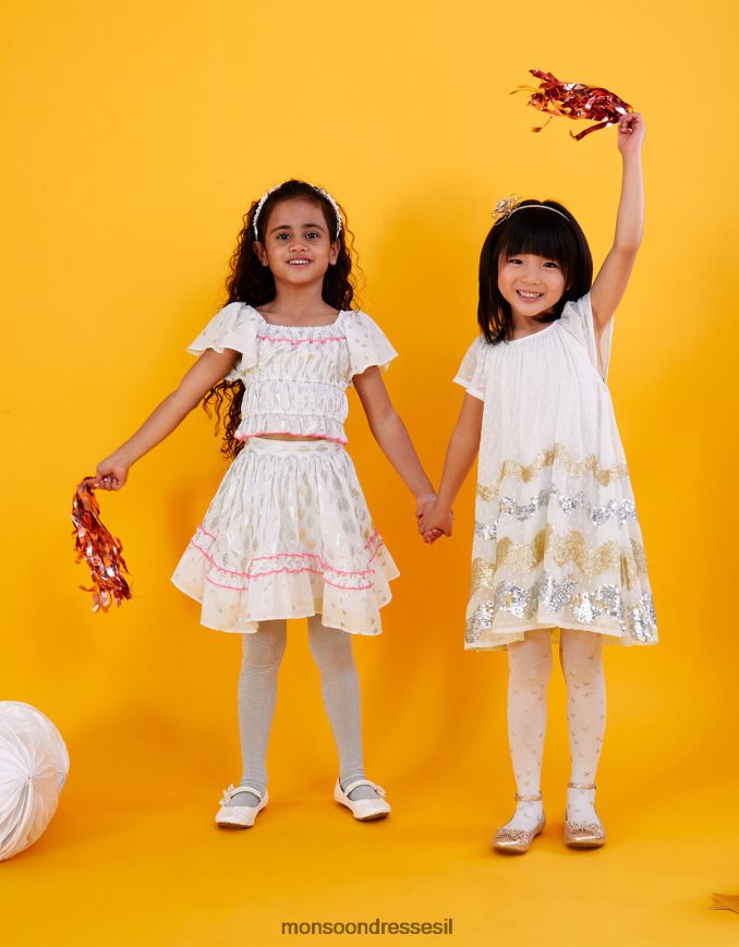 הַלבָּשָׁה Monsoon סט טופ וחצאית נייר כסף לבן ילדה HTJ0TZ1978