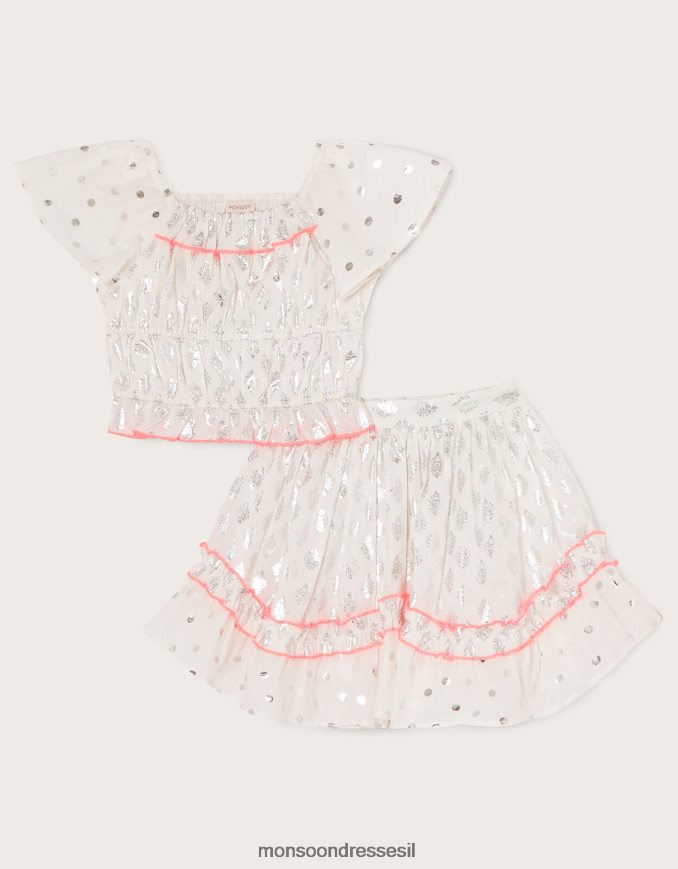 הַלבָּשָׁה Monsoon סט טופ וחצאית נייר כסף לבן ילדה HTJ0TZ1978