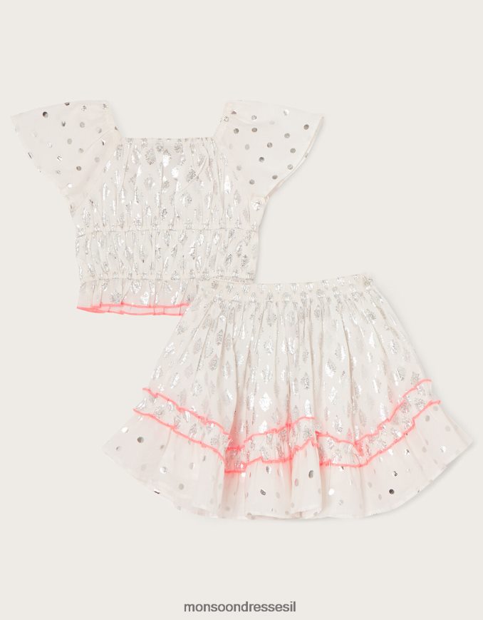 הַלבָּשָׁה Monsoon סט טופ וחצאית נייר כסף לבן ילדה HTJ0TZ1978